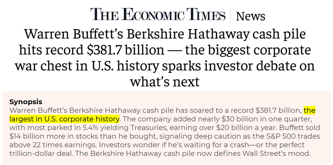 якщо взяти таку кількість вільної готівки – то це не тільки рекорд Berkshire Hathaway, а загалом, це найбільша кількість вільних коштів за всю історію корпоративної Америки
